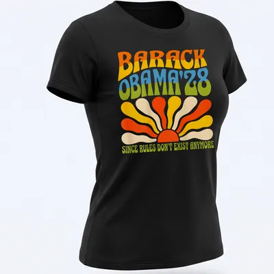 Retro colorful Barack Obama 2028 tee with playful political text — printed on a women's shirt