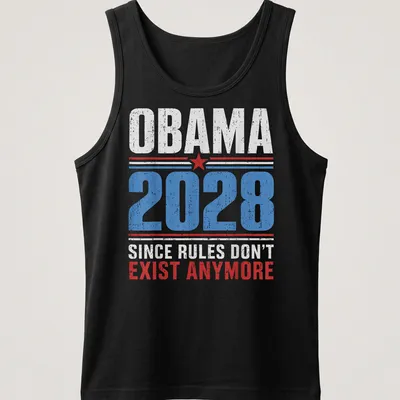 Distressed retro political tee with text about Obama 2028 slogan — printed on a tank top