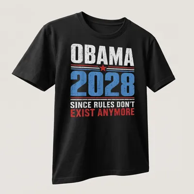 Distressed retro political tee with text about Obama 2028 slogan — printed on a unisex t-shirt (angled view)