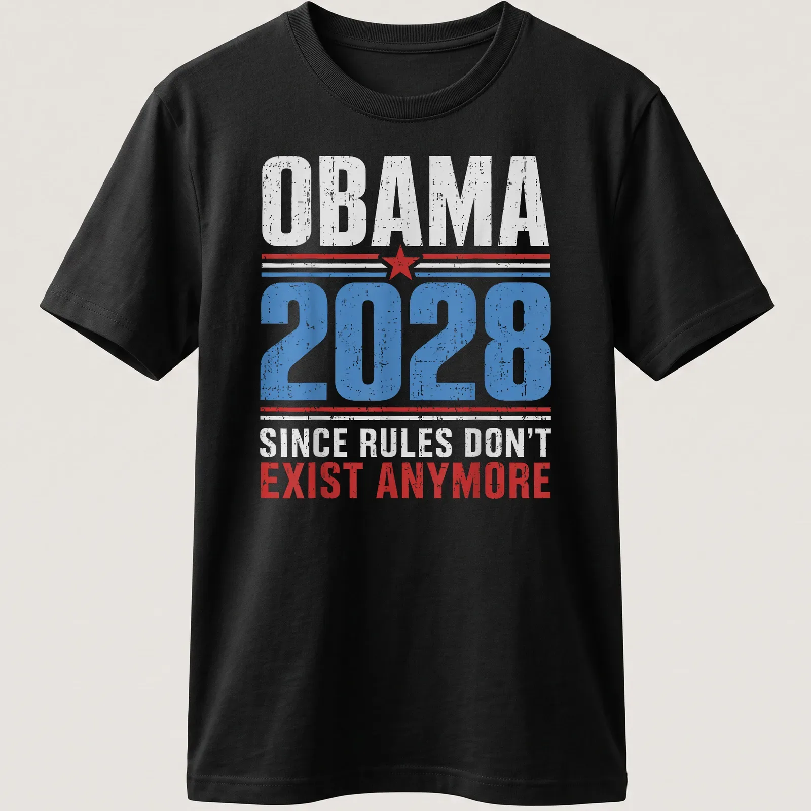 Distressed retro political tee with text about Obama 2028 slogan — printed on a unisex t-shirt