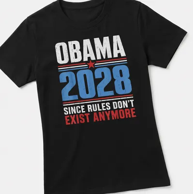 Distressed retro political tee with text about Obama 2028 slogan — printed on a women's shirt