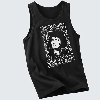 Black and white text border design featuring Siouxsie And The Banshees — printed on a tank top