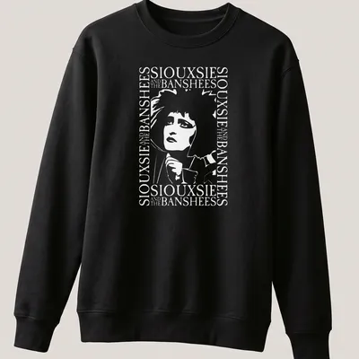 Black and white text border design featuring Siouxsie And The Banshees — printed on a unisex sweatshirt