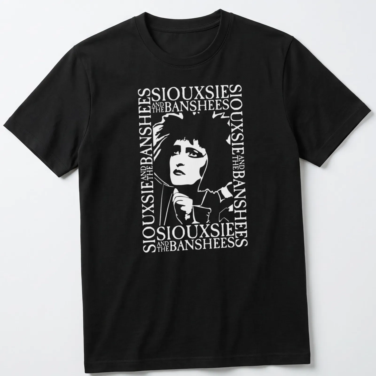 Black and white text border design featuring Siouxsie And The Banshees — printed on a unisex t-shirt
