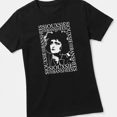 Black and white text border design featuring Siouxsie And The Banshees — printed on a women's shirt