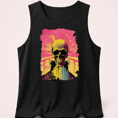Silhouette of a skull in vibrant synthwave colors and style — printed on a tank top