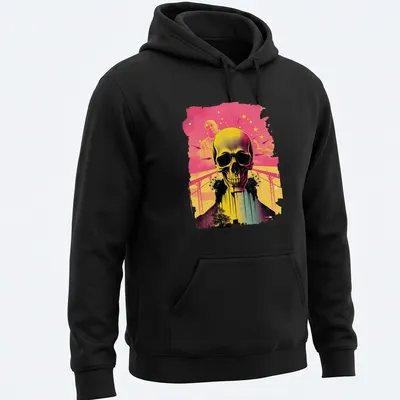 Silhouette of a skull in vibrant synthwave colors and style — printed on a unisex hoodie