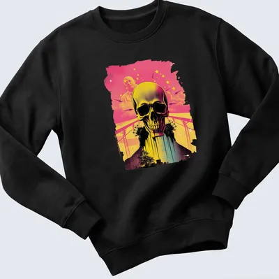 Silhouette of a skull in vibrant synthwave colors and style — printed on a unisex sweatshirt