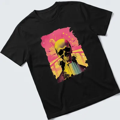 Silhouette of a skull in vibrant synthwave colors and style — printed on a unisex t-shirt