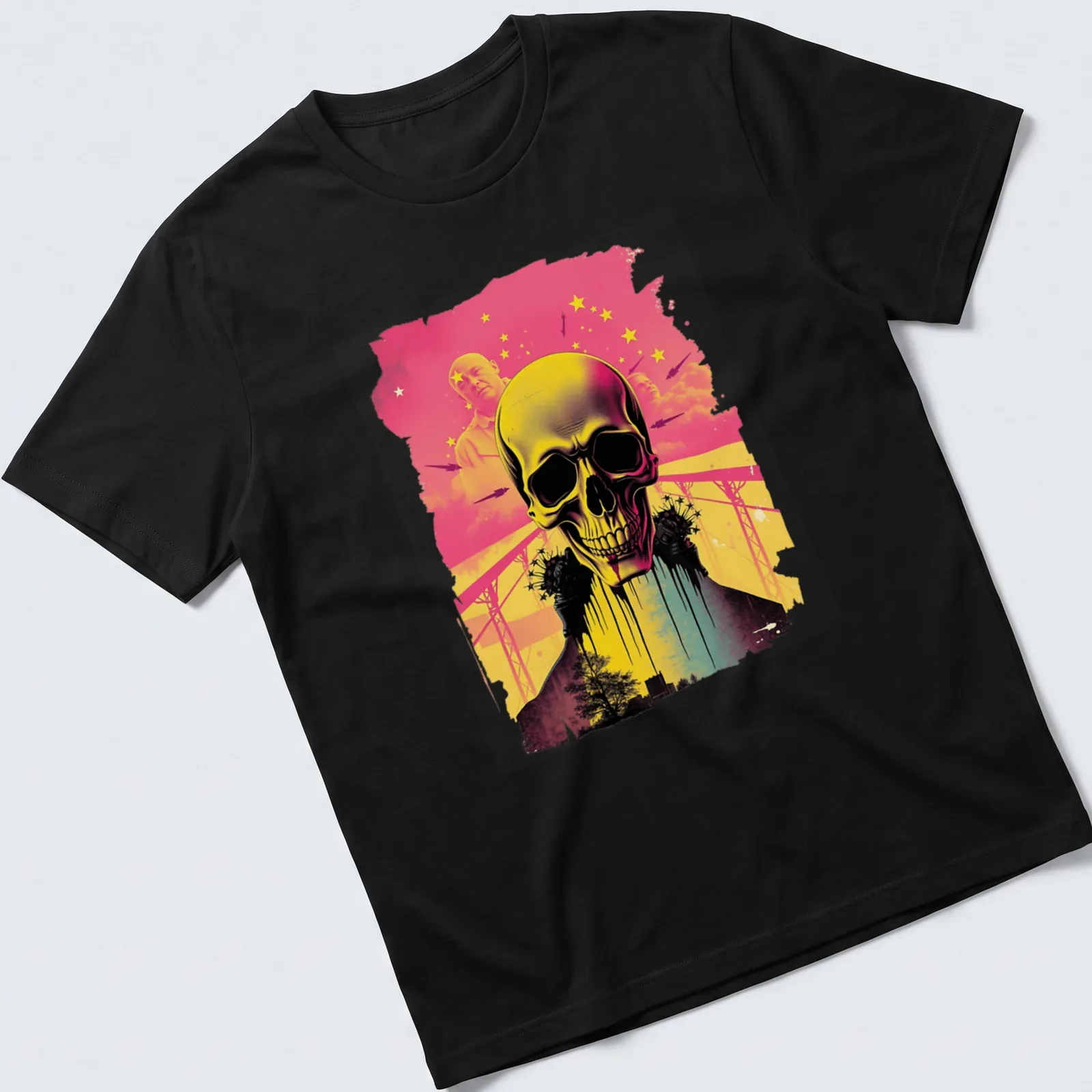 Silhouette of a skull in vibrant synthwave colors and style — printed on a unisex t-shirt