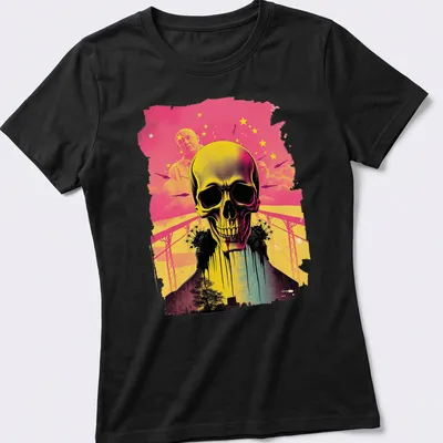 Silhouette of a skull in vibrant synthwave colors and style — printed on a women's shirt