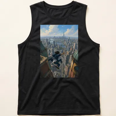 Realistic urban jumper t-shirt with skyline leap text and city background — printed on a tank top