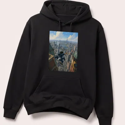 Realistic urban jumper t-shirt with skyline leap text and city background — printed on a unisex hoodie