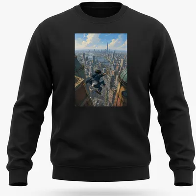 Realistic urban jumper t-shirt with skyline leap text and city background — printed on a unisex sweatshirt