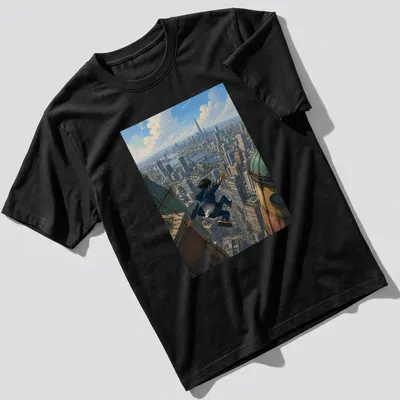 Realistic urban jumper t-shirt with skyline leap text and city background — printed on a unisex t-shirt