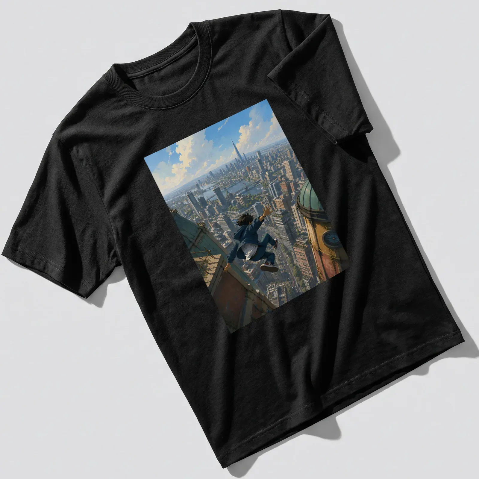 Realistic urban jumper t-shirt with skyline leap text and city background — printed on a unisex t-shirt