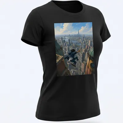 Realistic urban jumper t-shirt with skyline leap text and city background — printed on a women's shirt