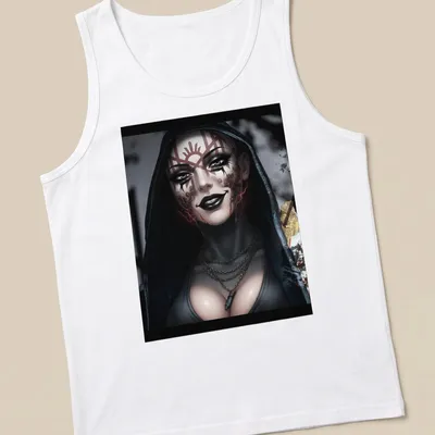 Digital art of a hooded character with tattoos in black, red, gray, and white — printed on a tank top