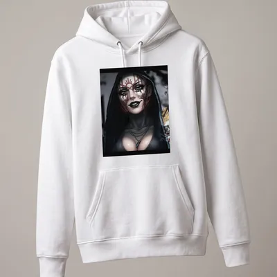 Digital art of a hooded character with tattoos in black, red, gray, and white — printed on a unisex hoodie