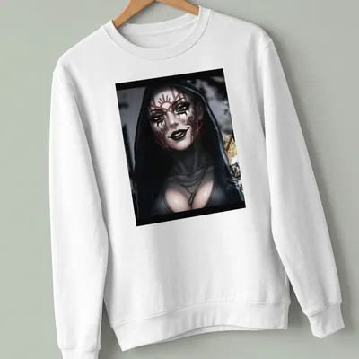 Digital art of a hooded character with tattoos in black, red, gray, and white — printed on a unisex sweatshirt