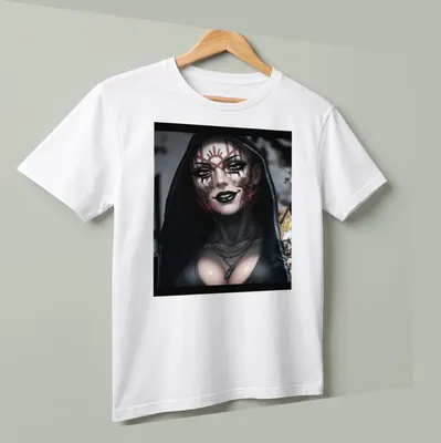 Digital art of a hooded character with tattoos in black, red, gray, and white — printed on a unisex t-shirt (angled view)