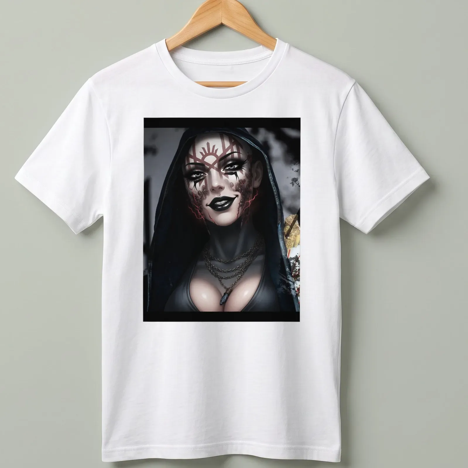Digital art of a hooded character with tattoos in black, red, gray, and white — printed on a unisex t-shirt