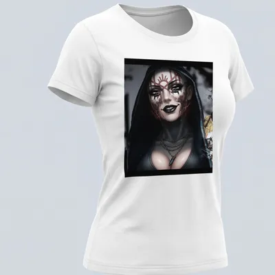 Digital art of a hooded character with tattoos in black, red, gray, and white — printed on a women's shirt