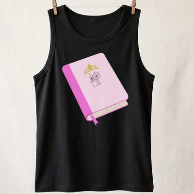 Minimalist design of a book with a spinning wheel in pink and gold. — printed on a tank top