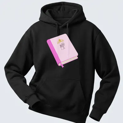 Minimalist design of a book with a spinning wheel in pink and gold. — printed on a unisex hoodie