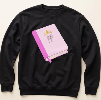 Minimalist design of a book with a spinning wheel in pink and gold. — printed on a unisex sweatshirt
