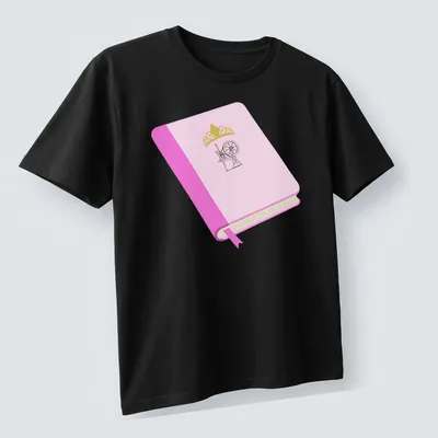 Minimalist design of a book with a spinning wheel in pink and gold. — printed on a unisex t-shirt (angled view)
