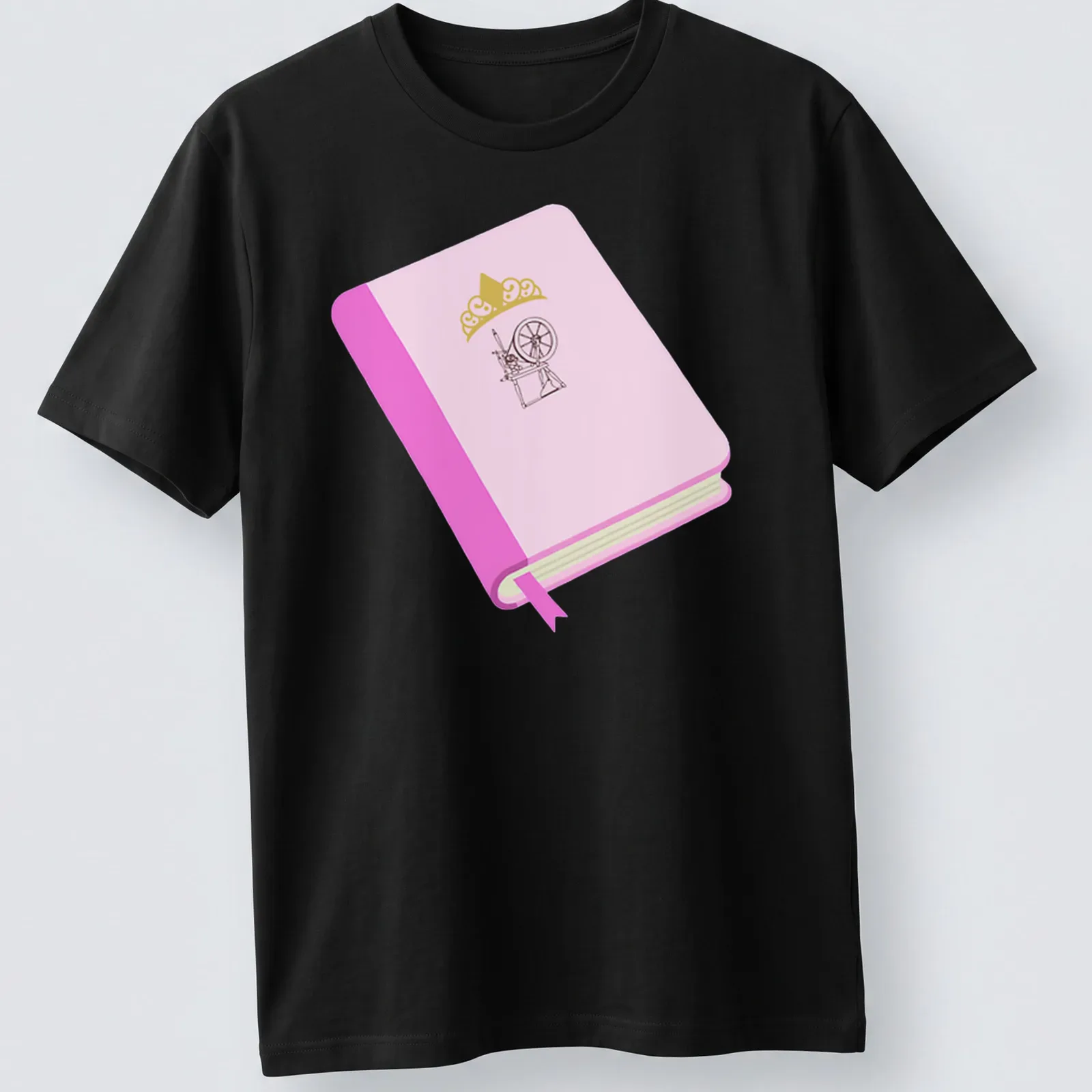 Minimalist design of a book with a spinning wheel in pink and gold. — printed on a unisex t-shirt