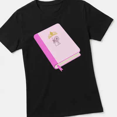 Minimalist design of a book with a spinning wheel in pink and gold. — printed on a women's shirt