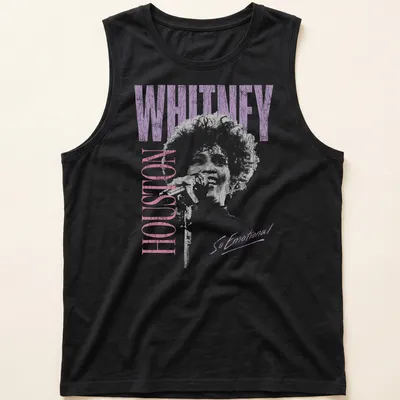 Distressed Whitney Houston T-shirt with tonal colors and emotional text — printed on a tank top