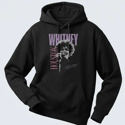 Distressed Whitney Houston T-shirt with tonal colors and emotional text — printed on a unisex hoodie
