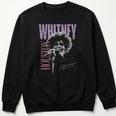 Distressed Whitney Houston T-shirt with tonal colors and emotional text — printed on a unisex sweatshirt