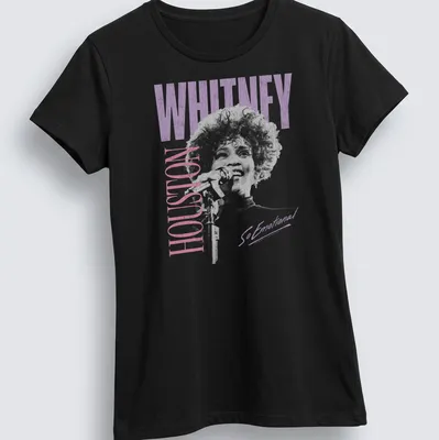 Distressed Whitney Houston T-shirt with tonal colors and emotional text — printed on a women's shirt