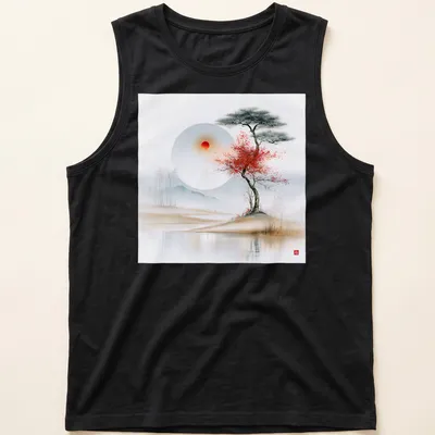 Tree with crimson leaves under a serene landscape with soft colors — printed on a tank top