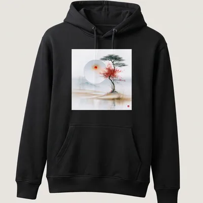 Tree with crimson leaves under a serene landscape with soft colors — printed on a unisex hoodie