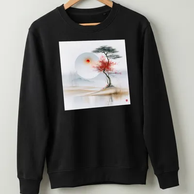 Tree with crimson leaves under a serene landscape with soft colors — printed on a unisex sweatshirt