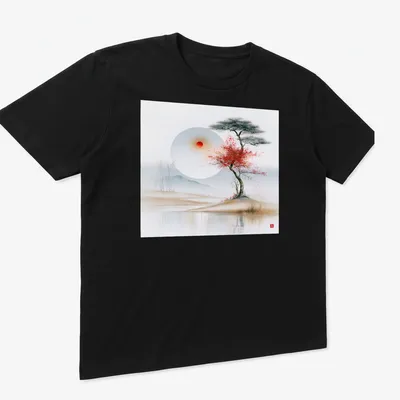 Tree with crimson leaves under a serene landscape with soft colors — printed on a unisex t-shirt (angled view)