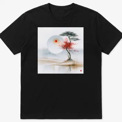 Tree with crimson leaves under a serene landscape with soft colors