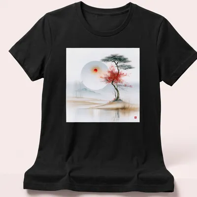 Tree with crimson leaves under a serene landscape with soft colors — printed on a women's shirt