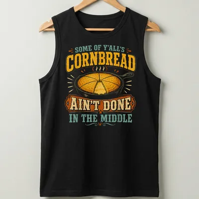 Vintage T-shirt depicting a cast iron skillet of cornbread with humorous text. — printed on a tank top