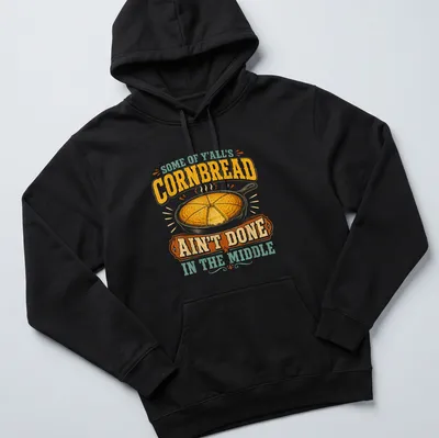 Vintage T-shirt depicting a cast iron skillet of cornbread with humorous text. — printed on a unisex hoodie
