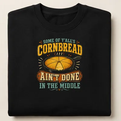 Vintage T-shirt depicting a cast iron skillet of cornbread with humorous text. — printed on a unisex sweatshirt
