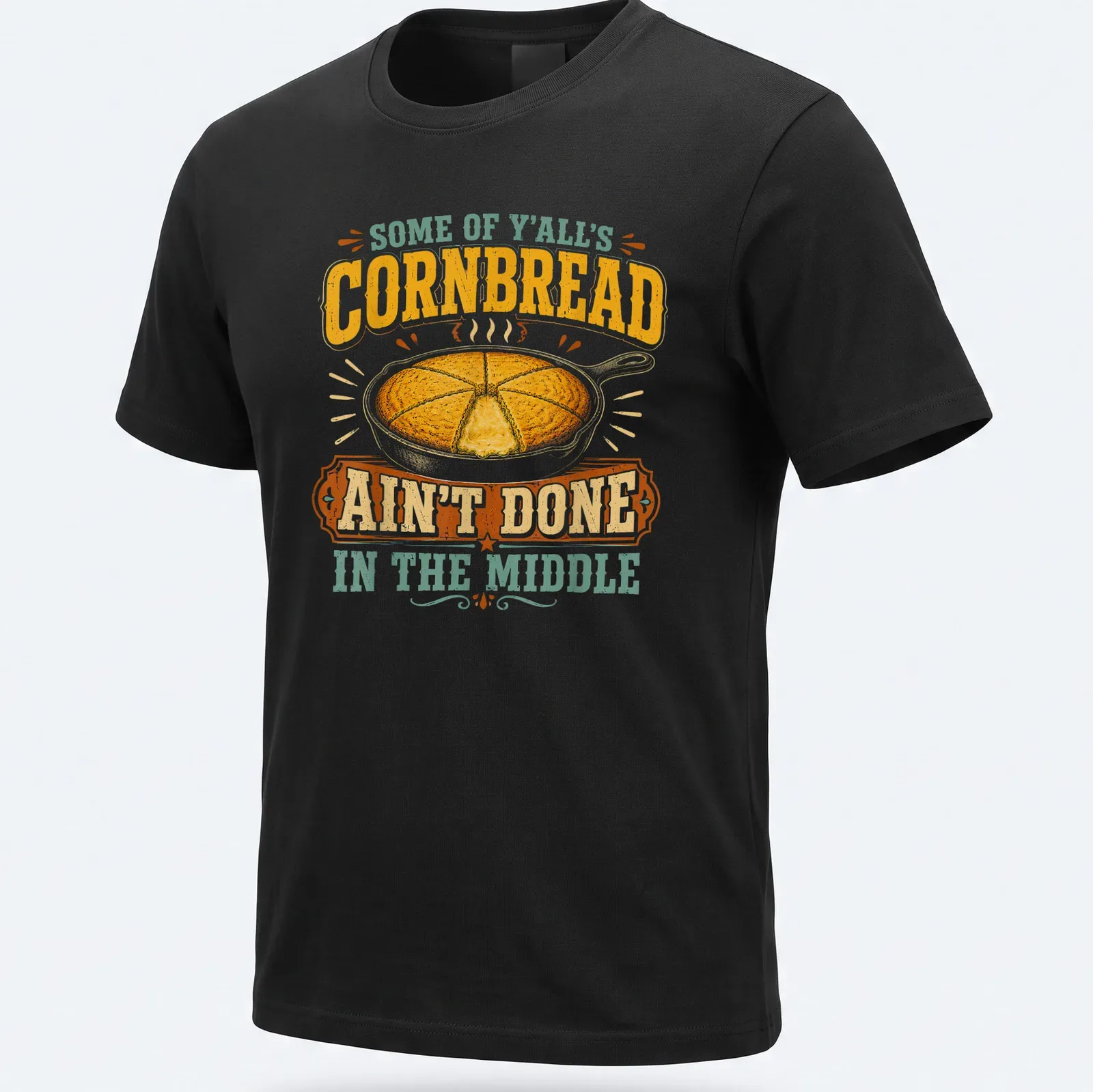 Vintage T-shirt depicting a cast iron skillet of cornbread with humorous text. — printed on a unisex t-shirt