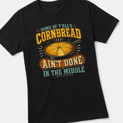 Vintage T-shirt depicting a cast iron skillet of cornbread with humorous text. — printed on a women's shirt