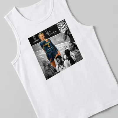 Realistic portrait of Sophie Cunningham with bold text highlighting her Indiana roots — printed on a tank top