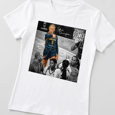 Realistic portrait of Sophie Cunningham with bold text highlighting her Indiana roots — printed on a women's shirt